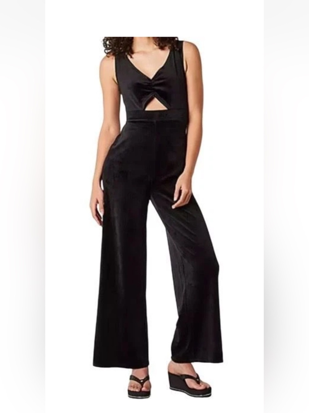 Juicy Couture Black‎ Velour Wide Leg Jumpsuit V-Neck Keyhole XL Sleeveless